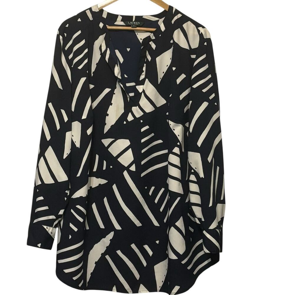 Lauren Ralph Lauren Womens Tunic Top 2X Navy Abstract‎ Print Career Mature Chic